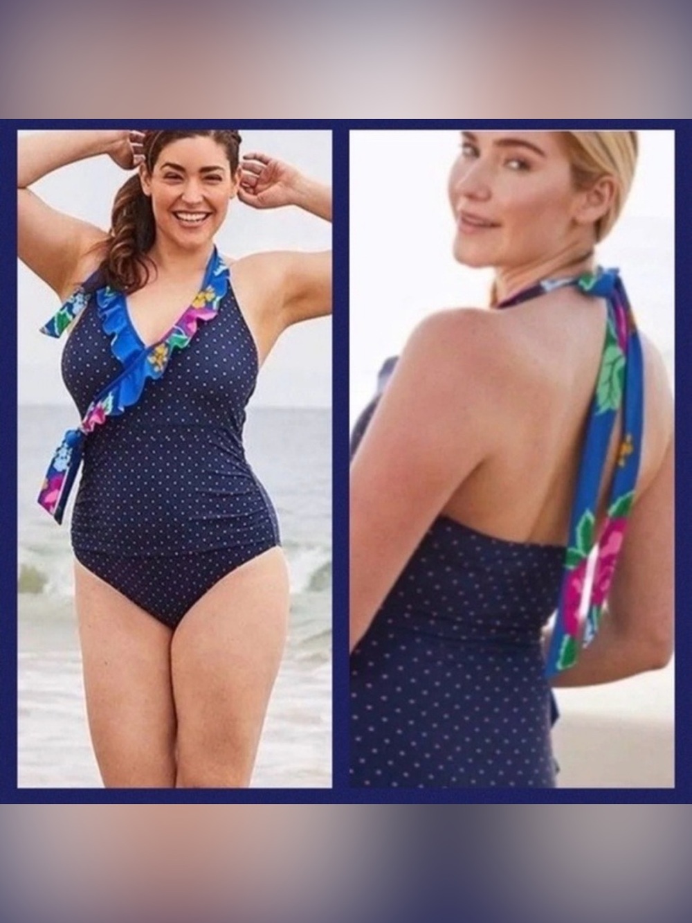 Matilda Jane Sandcastle Navy Polka Dot One-Piece Swimsuit w/ Floral Ruffle - XL